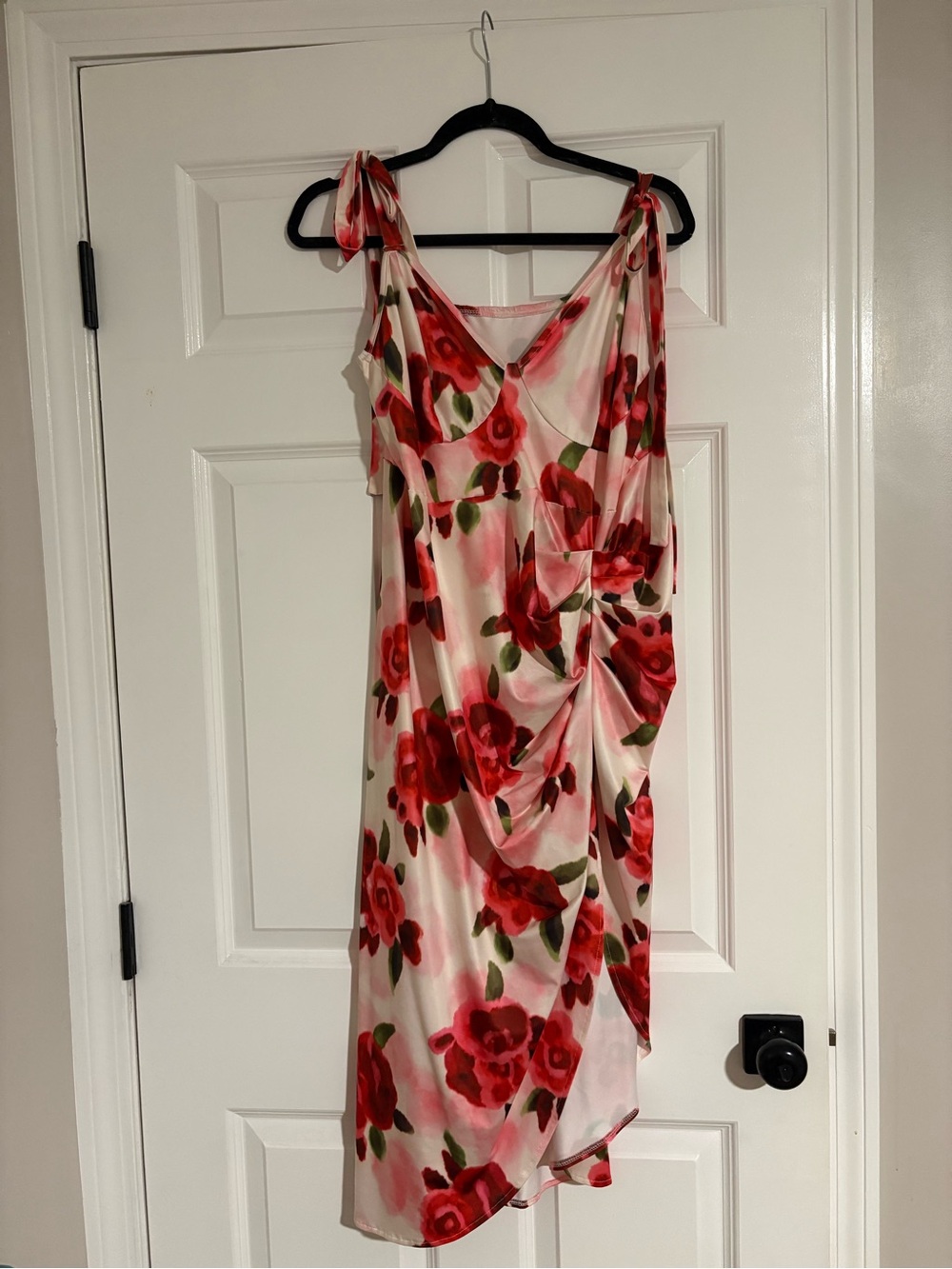 SHEIN Pink & Red Floral Tie-Shoulder Midi Dress